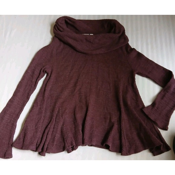 Anthropologie Top Medium Thermal Waffle Knit Burgundy Cowl Neck Layers Boho - Picture 1 of 15